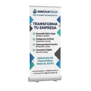 Banner de gran formato instalado en un stand de feria