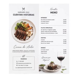 Folleto díptico con diseño de menú para restaurante o local gastronómico