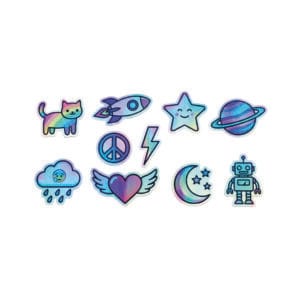 Stickers troquelados con efecto holográfico y brillos
